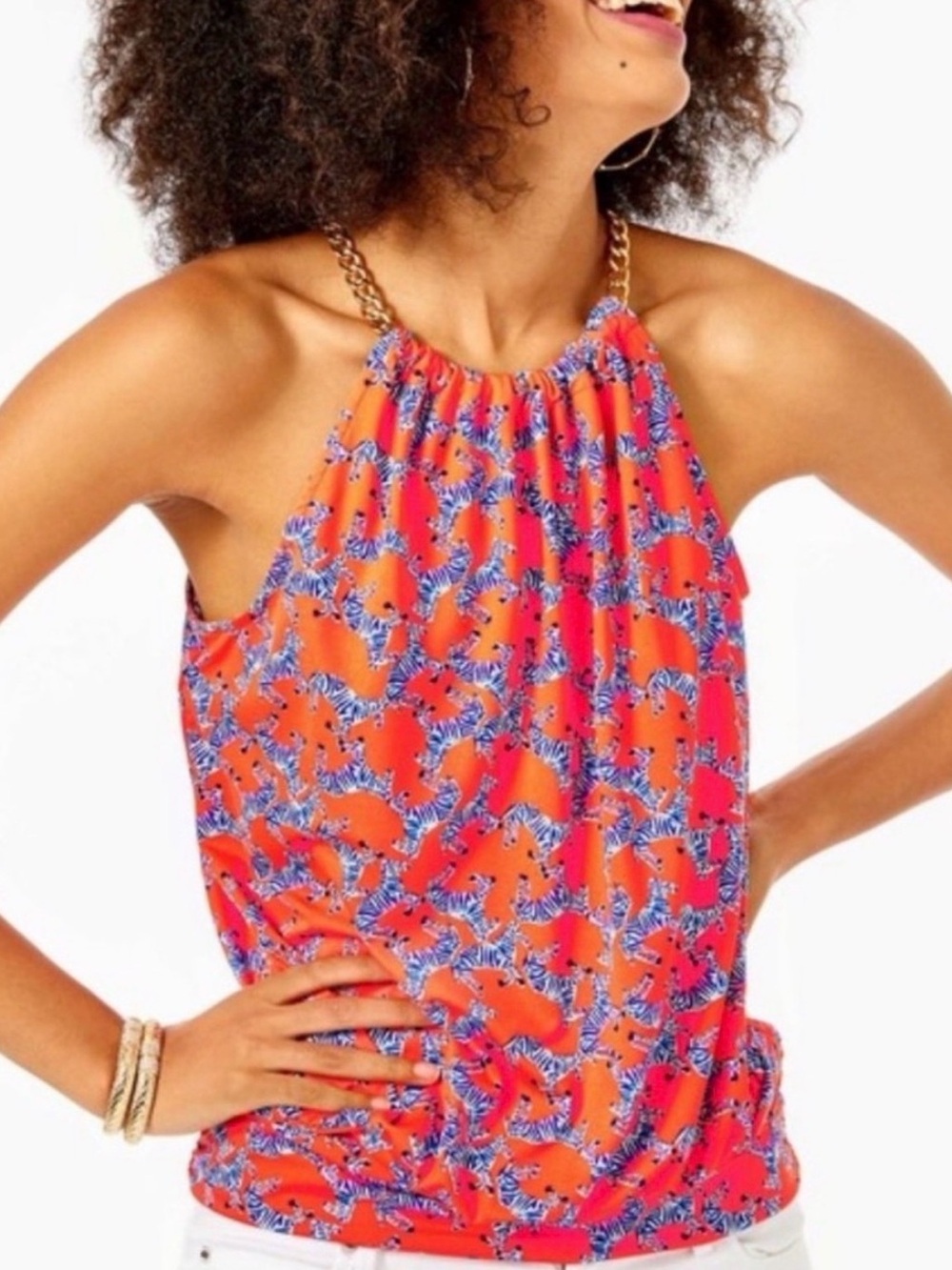 Lilly Pulitzer Bowen Orange Zeebree Print Chain Halter Camisole- Size L